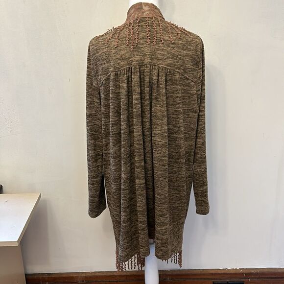 One World brown long floral mesh fringed open cardigan Size L EUC - Picture 6 of 10